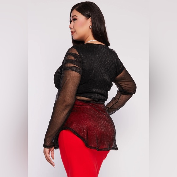 1X Plus Size Lurex Plisse Peplum Blouse BLACK Top Shiny Sparkly NWT - Picture 1 of 5